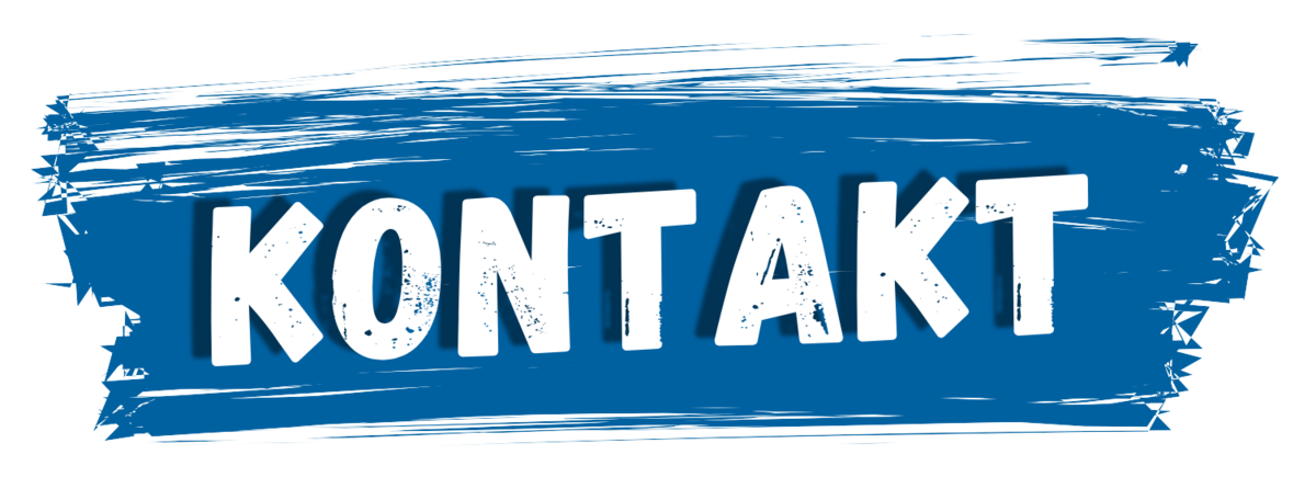 Schriftzug 'KONTAKT' auf blauem Pinselstrich-Hintergrund