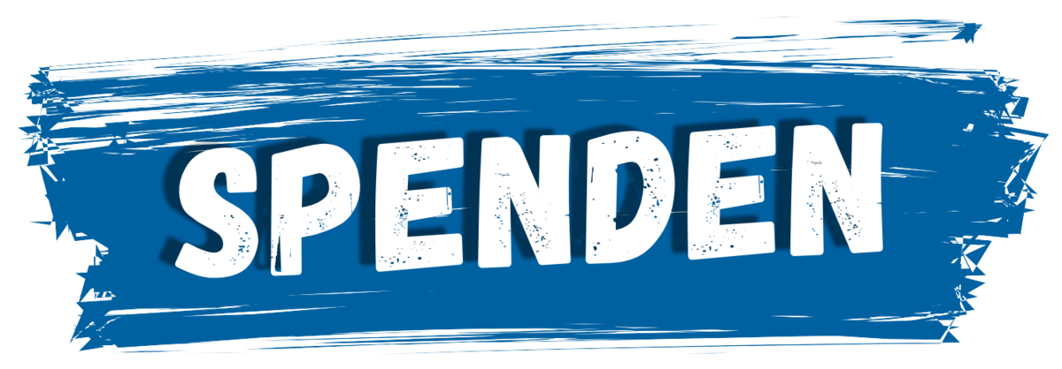 Schriftzug 'SPENDEN' auf blauem Pinselstrich-Hintergrund